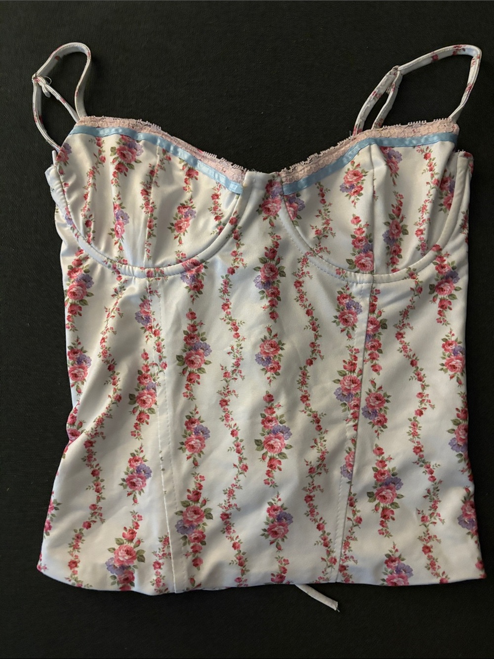 Floral Corset Cami Top - White with Pink Rose Print